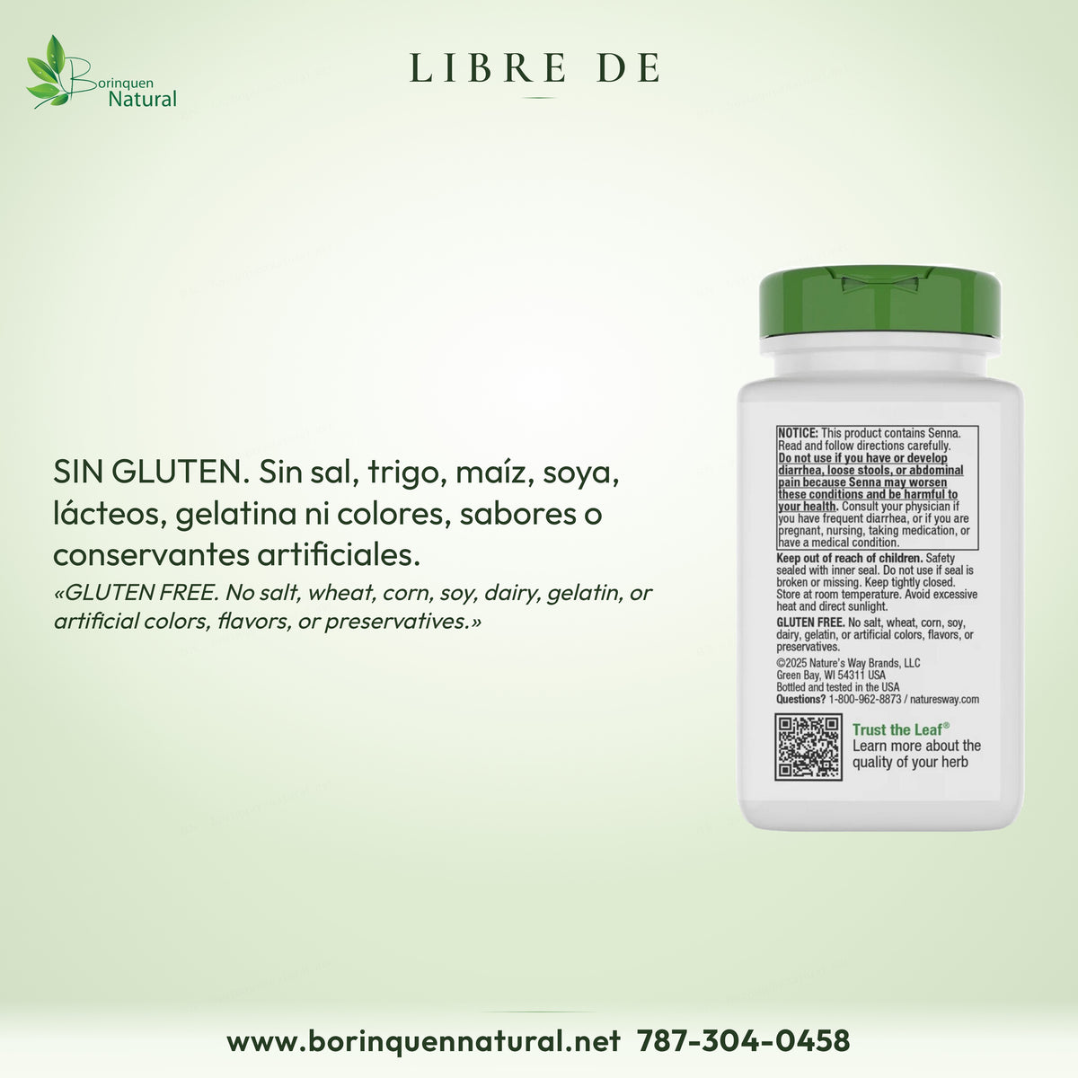 Sin gluten, sal, trigo, maíz, soya, lácteos, gelatina ni colores, sabores o conservantes artificiales.