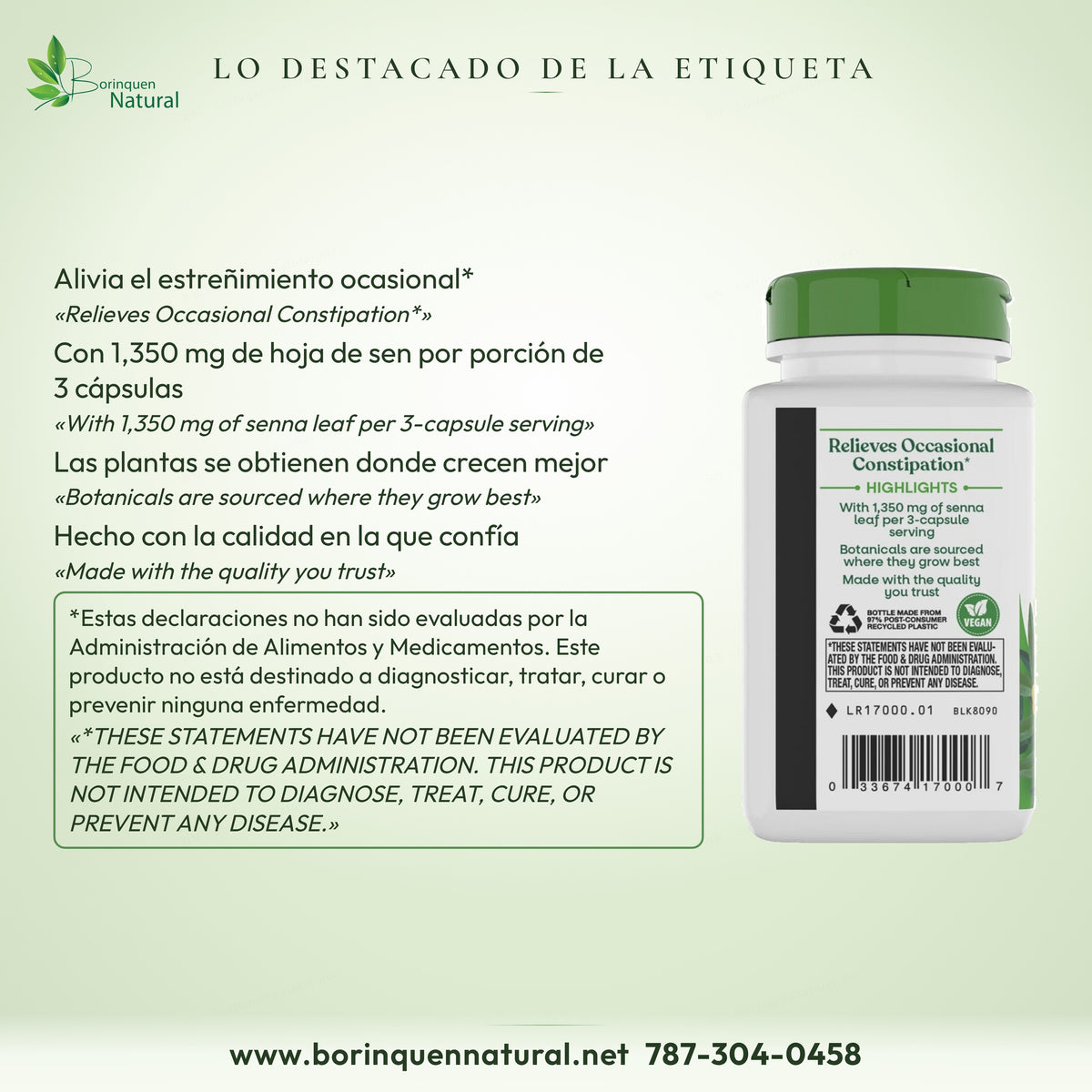 Sen, 1,350 mg por porción de 3 cápsulas; declaraciones del frasco con descargo de la FDA.