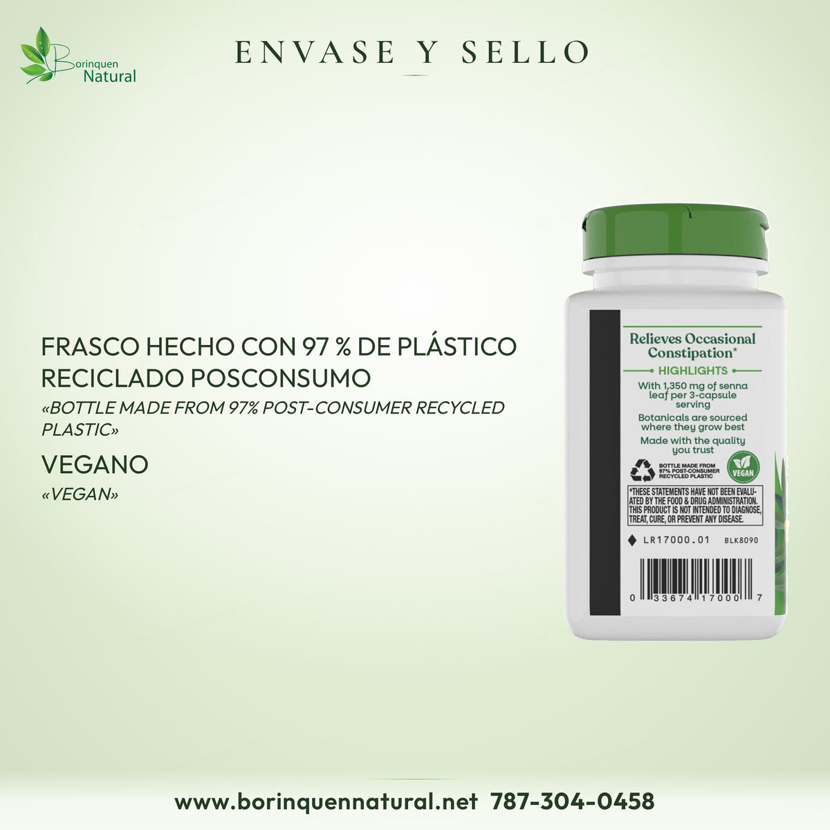 Frasco con 97 % de plástico reciclado posconsumo y sello vegano.
