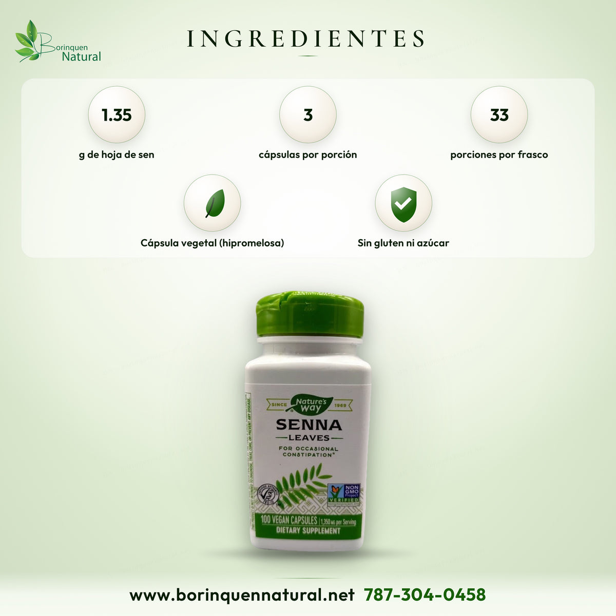Ingredientes del Senna de Nature's Way: 1.35 g de hoja de sen por porción de 3 cápsulas vegetales