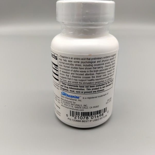 Serene Science® L-Theanine 200 mg 30 Tablet de Source Naturals — vista posterior del envase