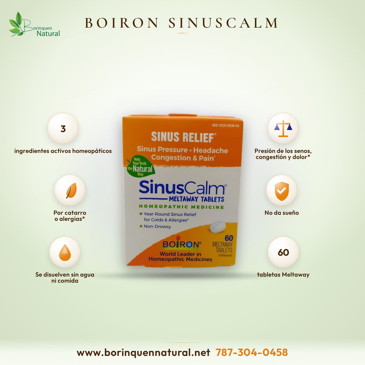 SinusCalm de Boiron, tabletas homeopáticas para la presión de los senos nasales, congestión y dolor de cabeza, caja de 60