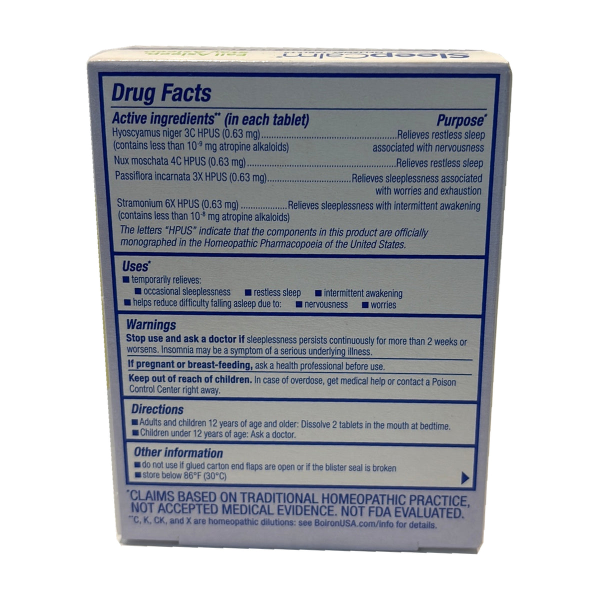 SleepCalm Boiron: Drug Facts, cuatro activos de 0.63 mg, uso de 2 tabletas disueltas en la boca y advertencias.