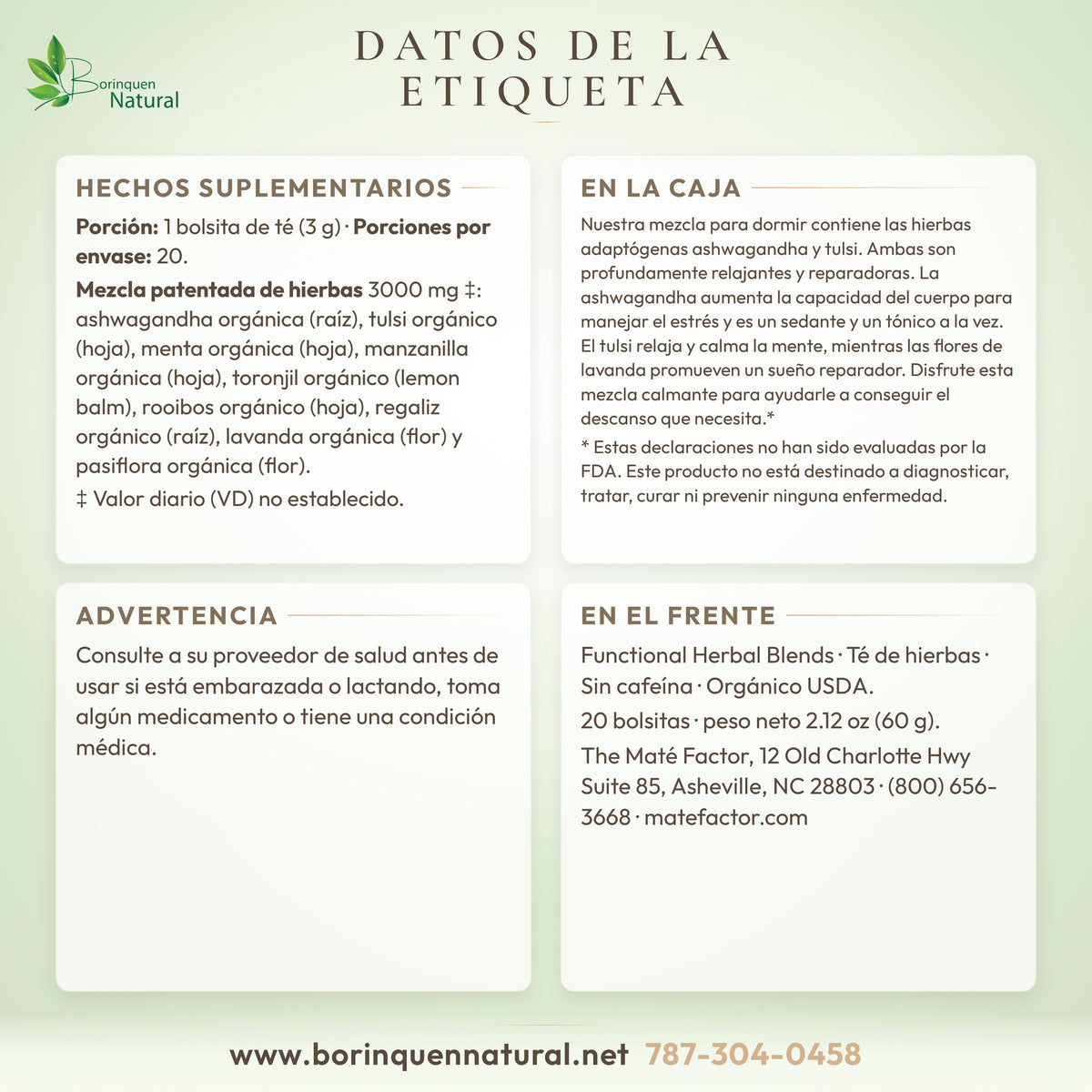 Sleep Ezzzz tea label details: supplement facts, box text and warning