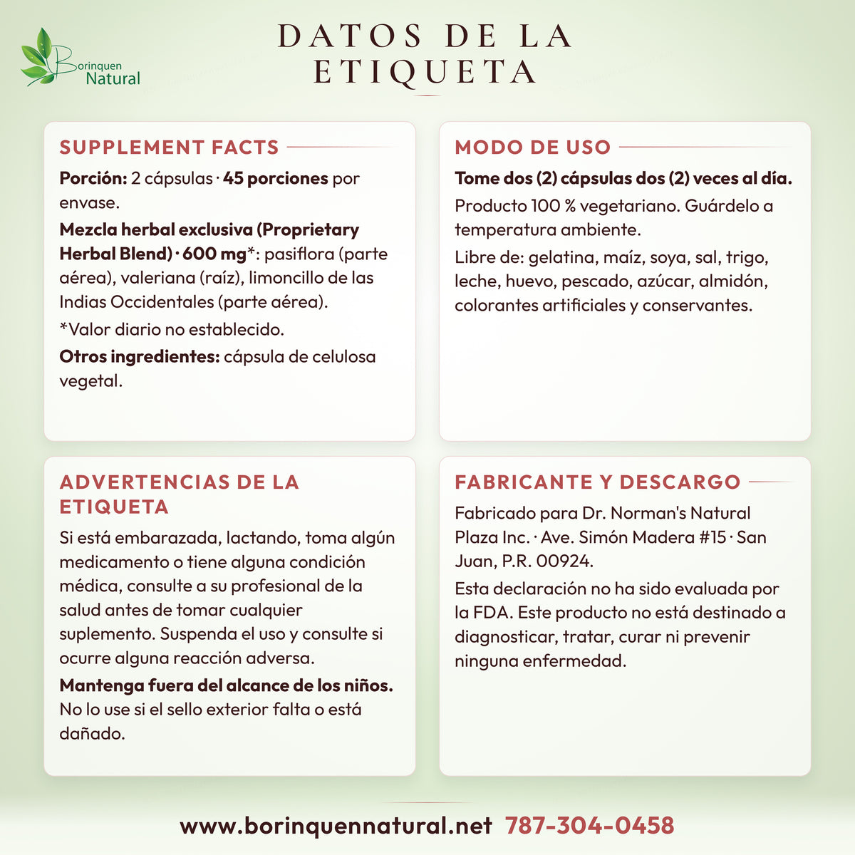 Datos de la etiqueta de Sleepyplex de Dr. Norman's: tabla de suplemento, modo de uso, advertencias y fabricante