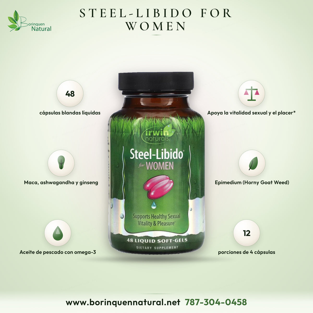Steel-Libido for Women de Irwin Naturals, frasco de 48 cápsulas blandas líquidas con maca, ashwagandha y ginseng