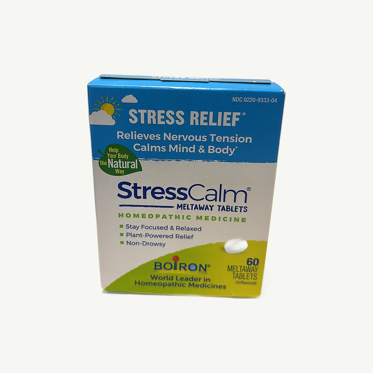 Foto real del frente de la caja de StressCalm de Boiron, medicina homeopática, 60 tabletas meltaway sin sabor