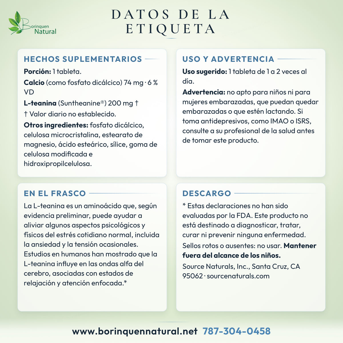 Datos de la etiqueta de la L-teanina de Source Naturals: hechos suplementarios, uso, advertencia y lo que dice el frasco