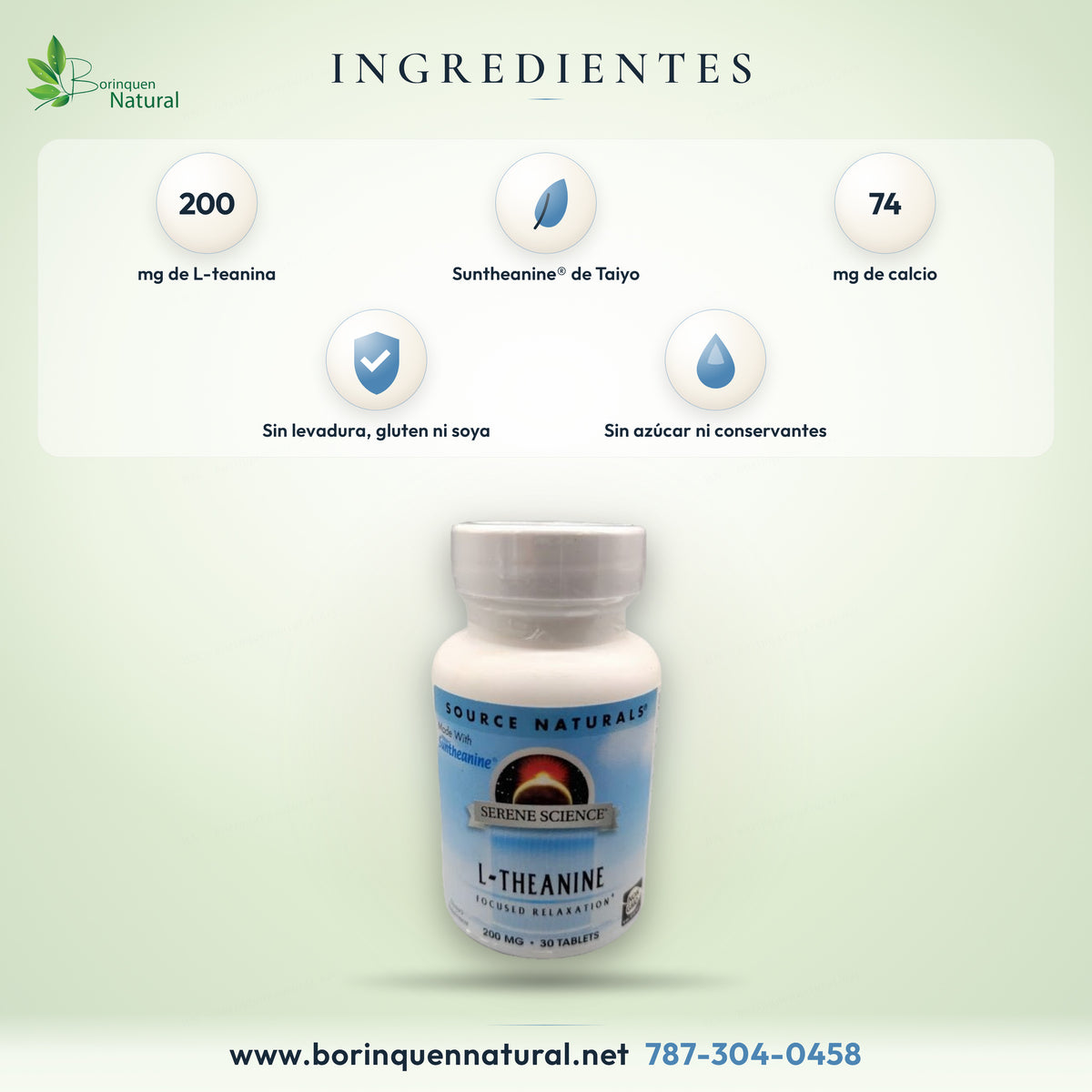 Ingredientes de la L-teanina de Source Naturals: 200 mg de L-teanina Suntheanine y calcio por tableta
