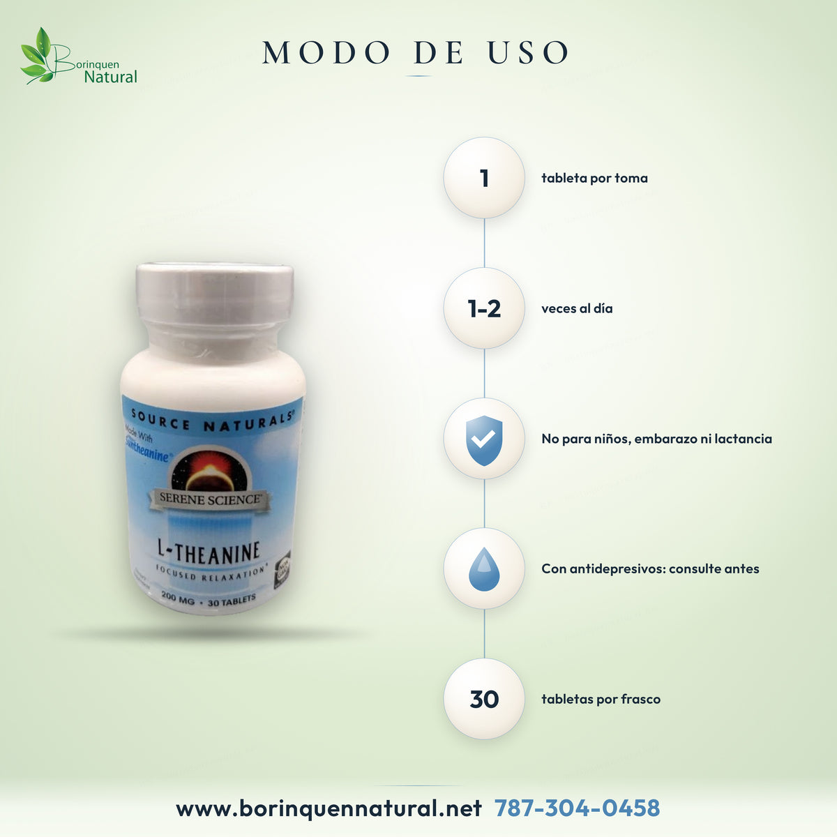 Modo de uso de la L-teanina de Source Naturals: 1 tableta de 1 a 2 veces al día; no para niños ni embarazadas