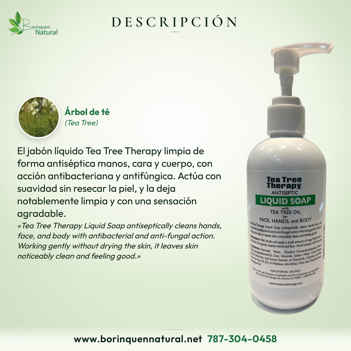Descripción del jabón líquido Tea Tree Therapy: limpia manos, cara y cuerpo sin resecar la piel
