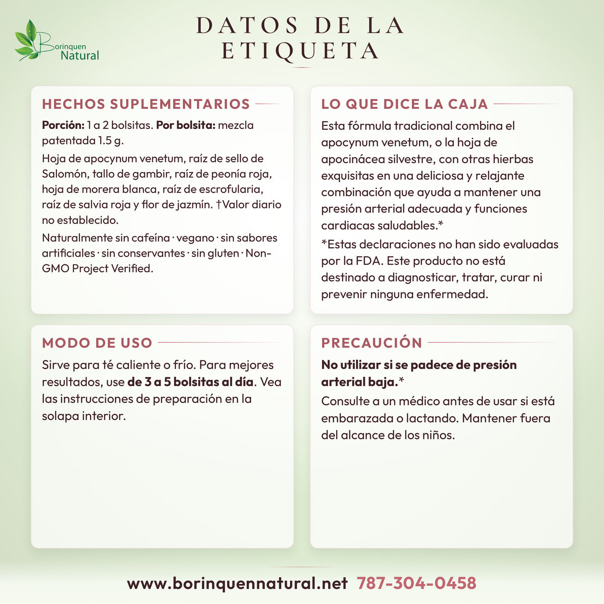 Datos de la etiqueta del té Blood Pressure de Bravo Tea: hechos suplementarios, modo de uso, precaución y lo que dice la caja