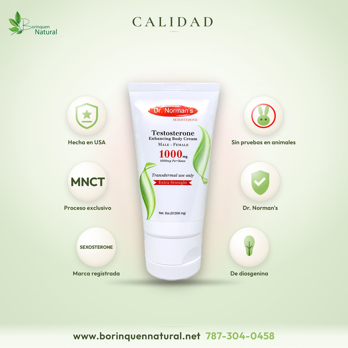 Crema de testosterona Dr. Norman's hecha en EE. UU., proceso MNCT de diosgenina, marca SEXOSTERONE, sin pruebas en animales