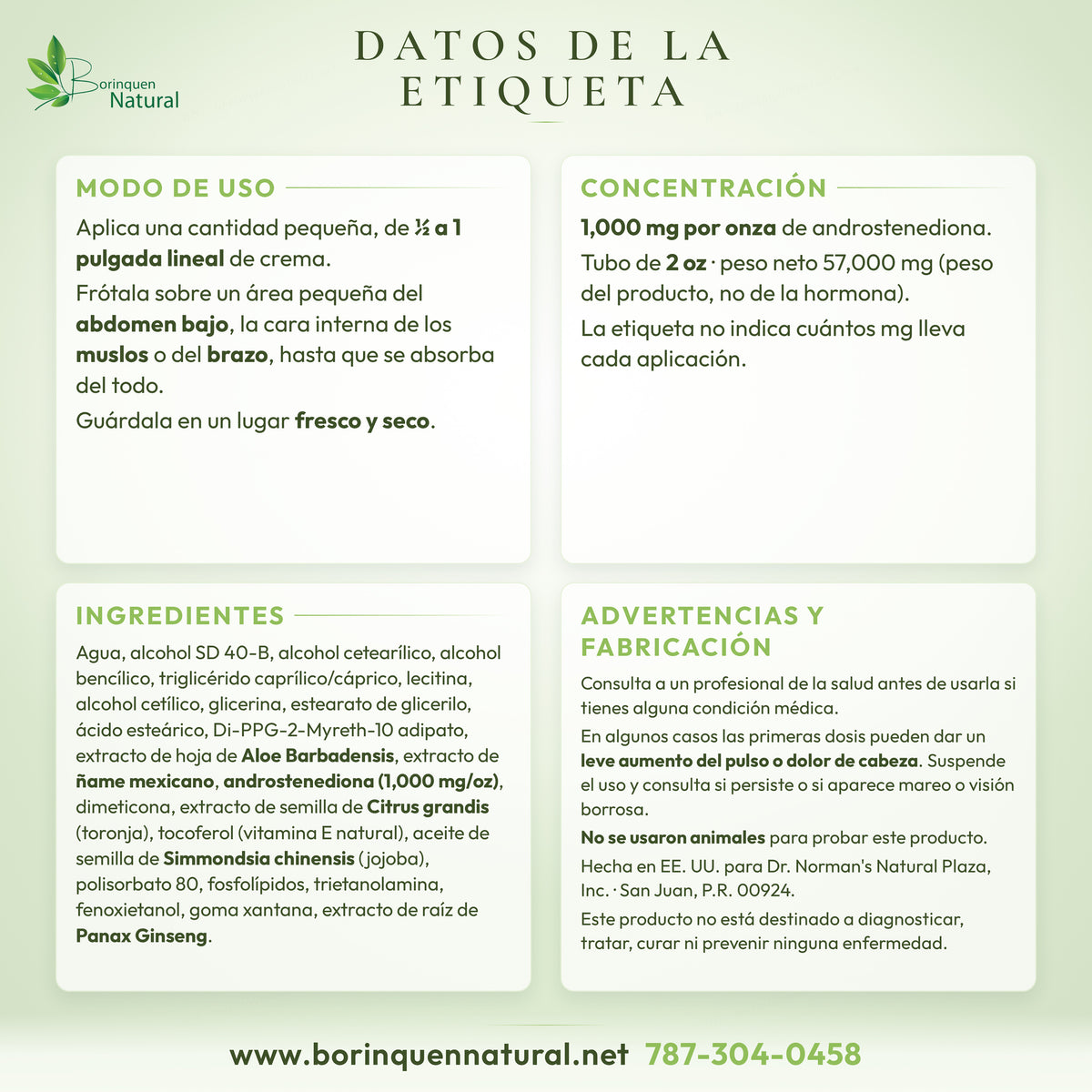 Datos de la etiqueta de la crema de testosterona: modo de uso, concentración, ingredientes y advertencias