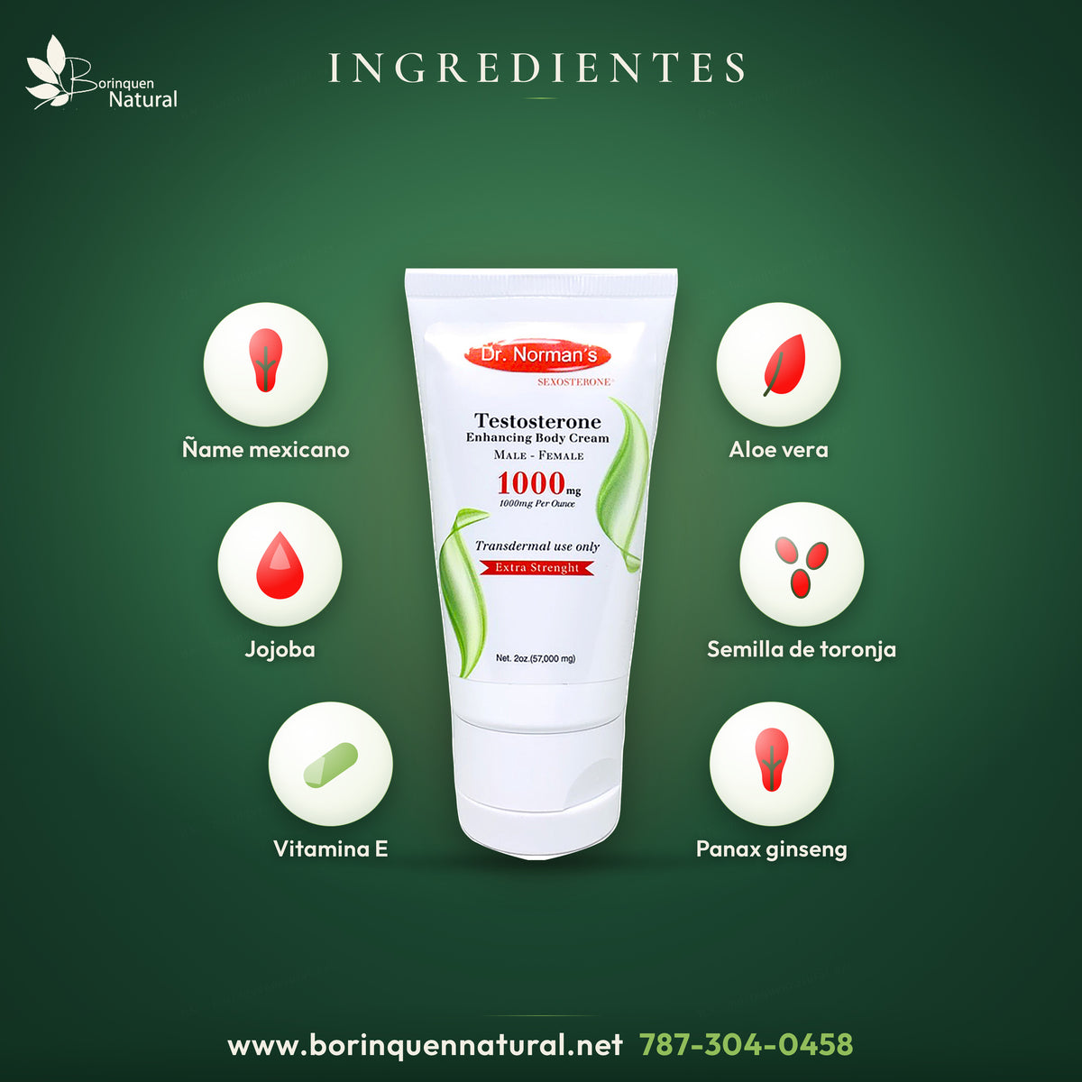 Ingredientes de la crema de testosterona: ñame mexicano, aloe vera, jojoba, vitamina E, panax ginseng y semilla de toronja
