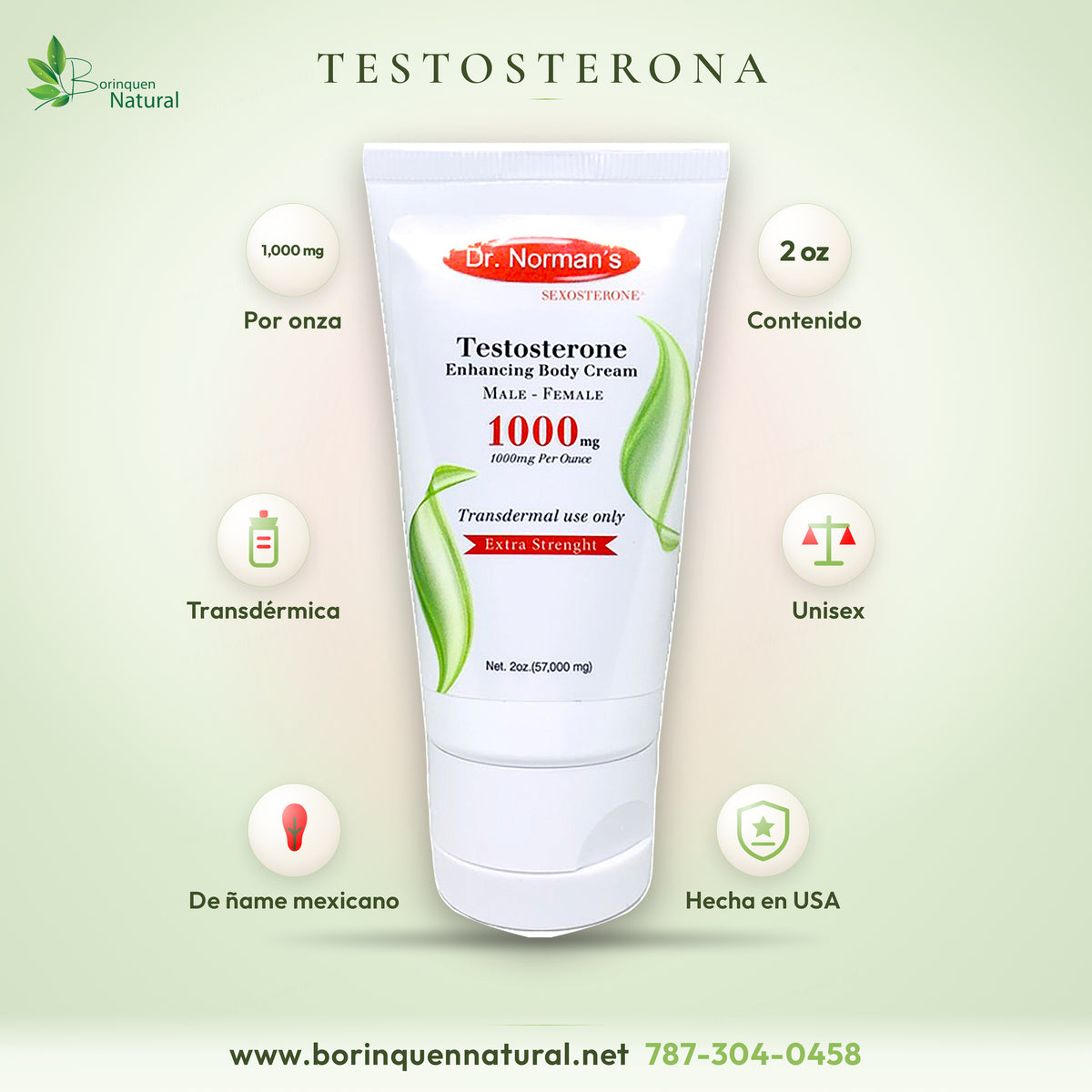 Crema de Testosterona Dr. Norman's 1000 mg por onza, tubo de 2 oz, de uso transdérmico y unisex