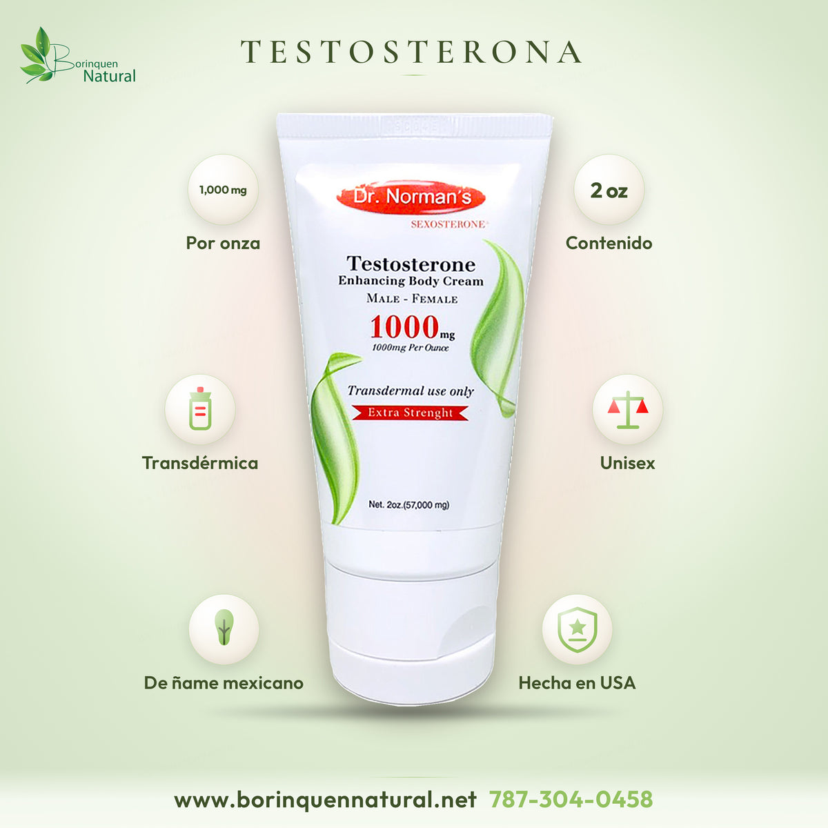 Crema de Testosterona Dr. Norman's 1000 mg por onza, tubo de 2 oz, de uso transdérmico y unisex