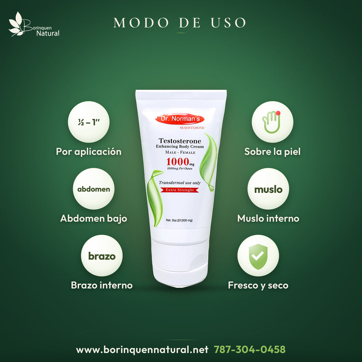 Modo de uso de la crema de testosterona: de ¼ a 1 pulgada lineal sobre abdomen bajo, brazo interno o muslo interno