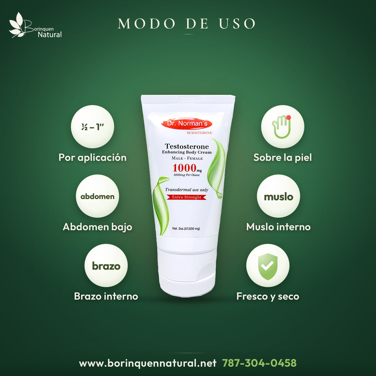 Modo de uso de la crema de testosterona: de ¼ a 1 pulgada lineal sobre abdomen bajo, brazo interno o muslo interno