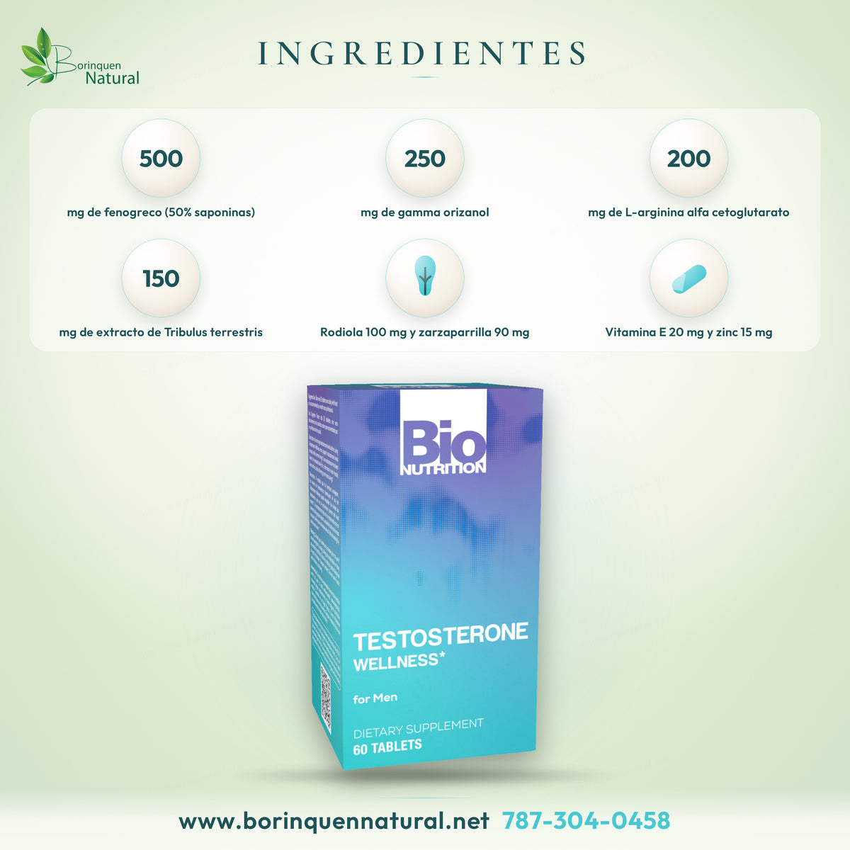 Ingredientes de Testosterone Wellness de Bio Nutrition por porción: 500 mg de fenogreco, 250 mg de gamma orizanol, 200 mg de AKG, 150 mg de tribulus, rodiola, citrulina y zinc