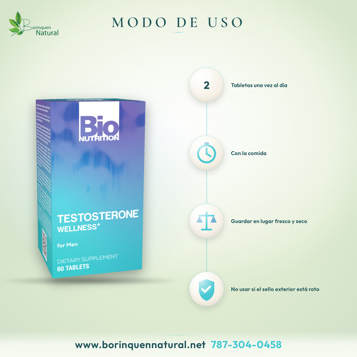Modo de uso de Testosterone Wellness de Bio Nutrition: 2 tabletas una vez al día con comida; guardar en lugar fresco y seco