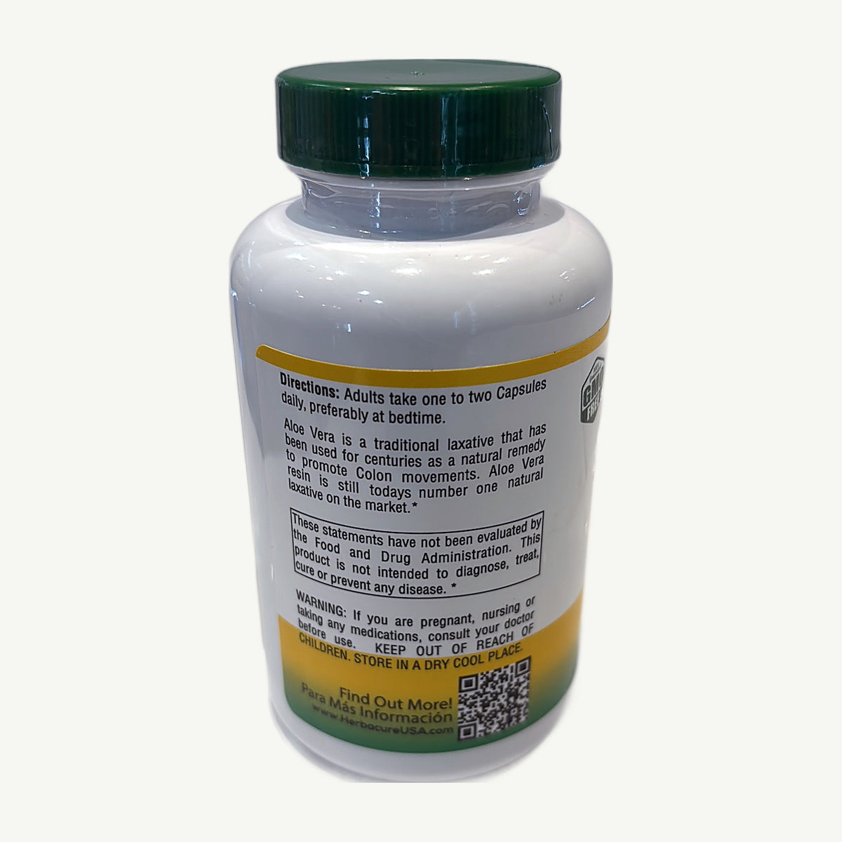 Side panel of Herbacure aloe vera pills: bedtime directions, traditional laxative and warnings