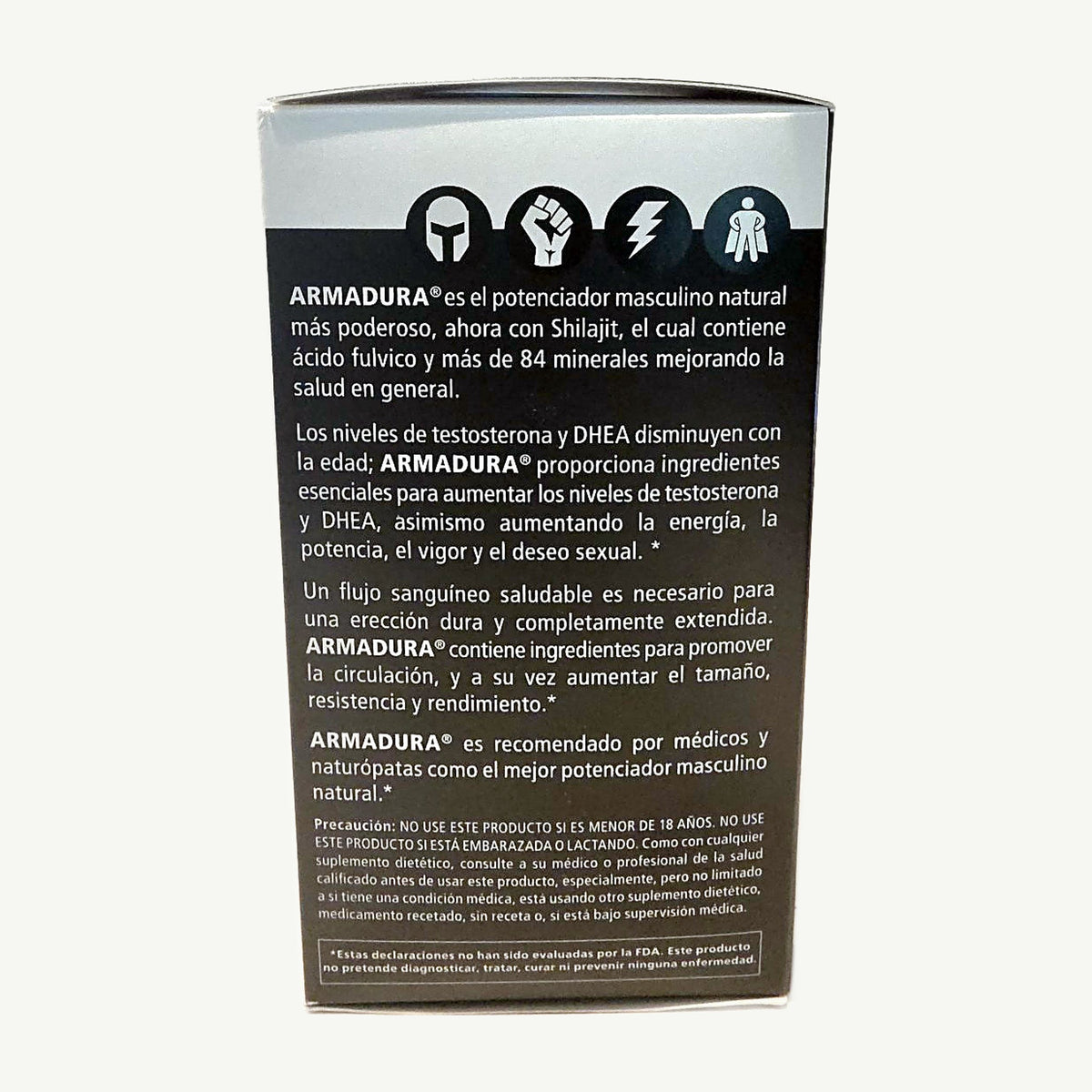 Caja Armadura, lateral en español: lo que dice la marca, Precaución y aviso de la FDA