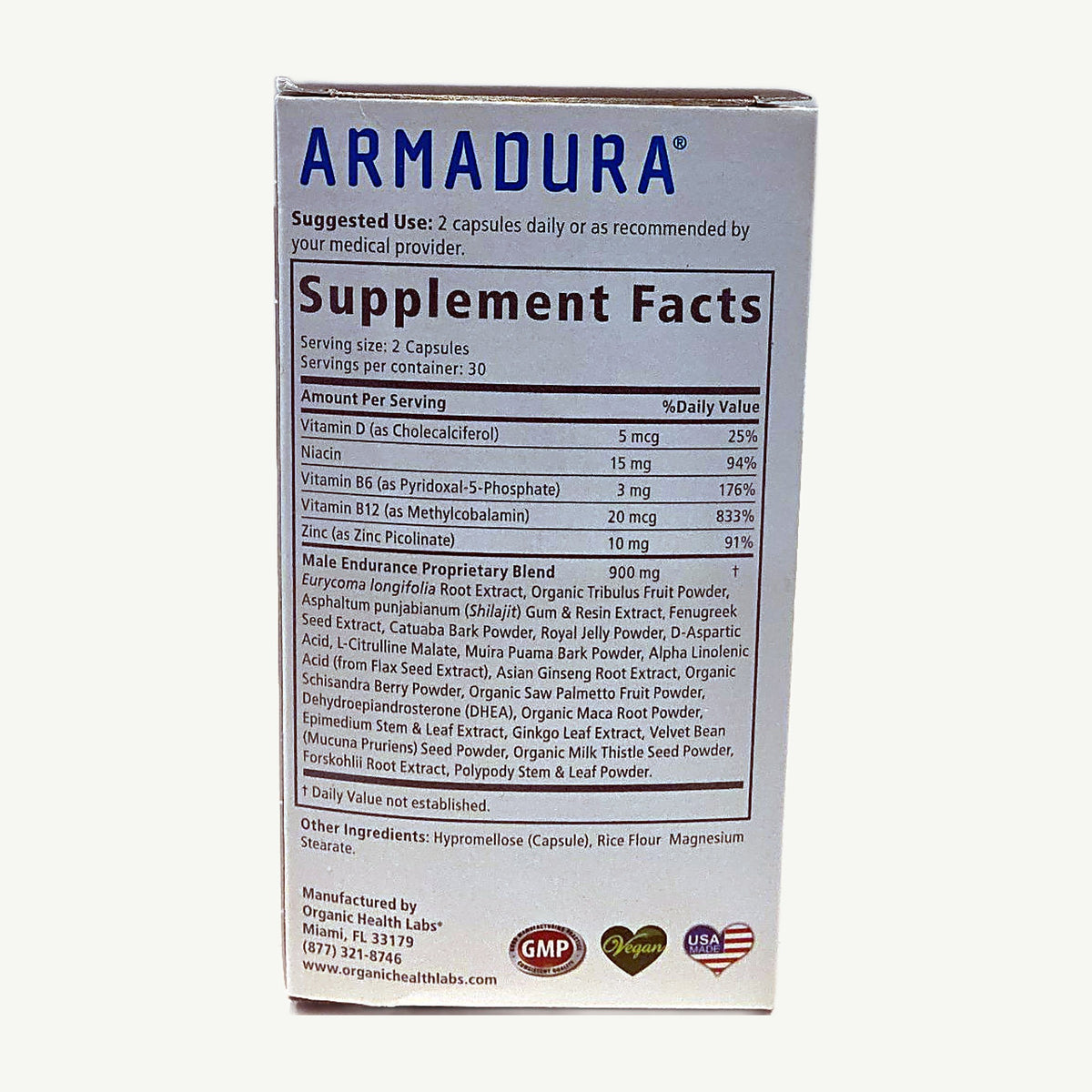 Caja Armadura: Suggested Use 2 capsules daily, Supplement Facts y sellos GMP, Vegan y USA Made