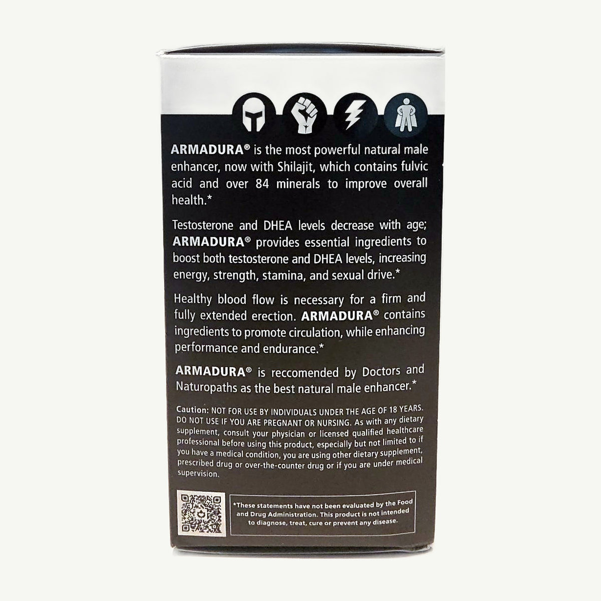 Caja Armadura, lateral en inglés: texto de la marca, Caution y aviso de la FDA