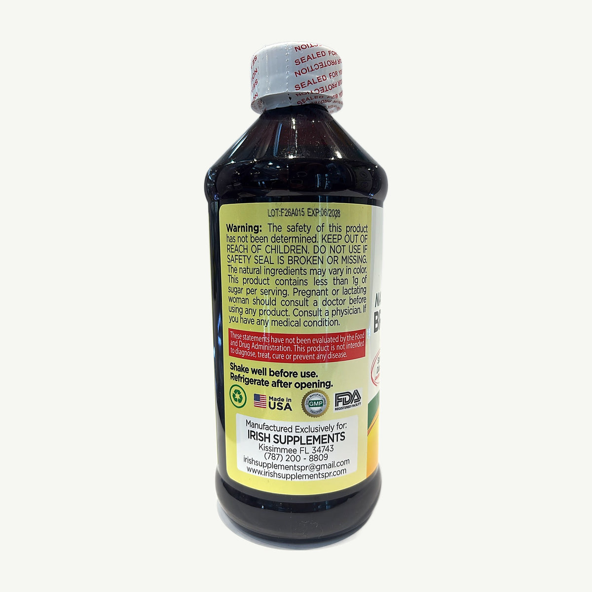 Bronqui Stop Irish Supplements: foto real del dorso del envase tomada en la tienda Borinquen Natural