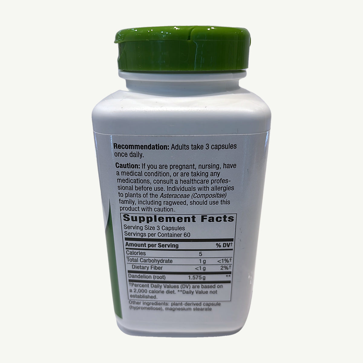 Dandelion Root bottle: Recommendation 3 capsules once daily, Caution and Supplement Facts with 1.575 g of root