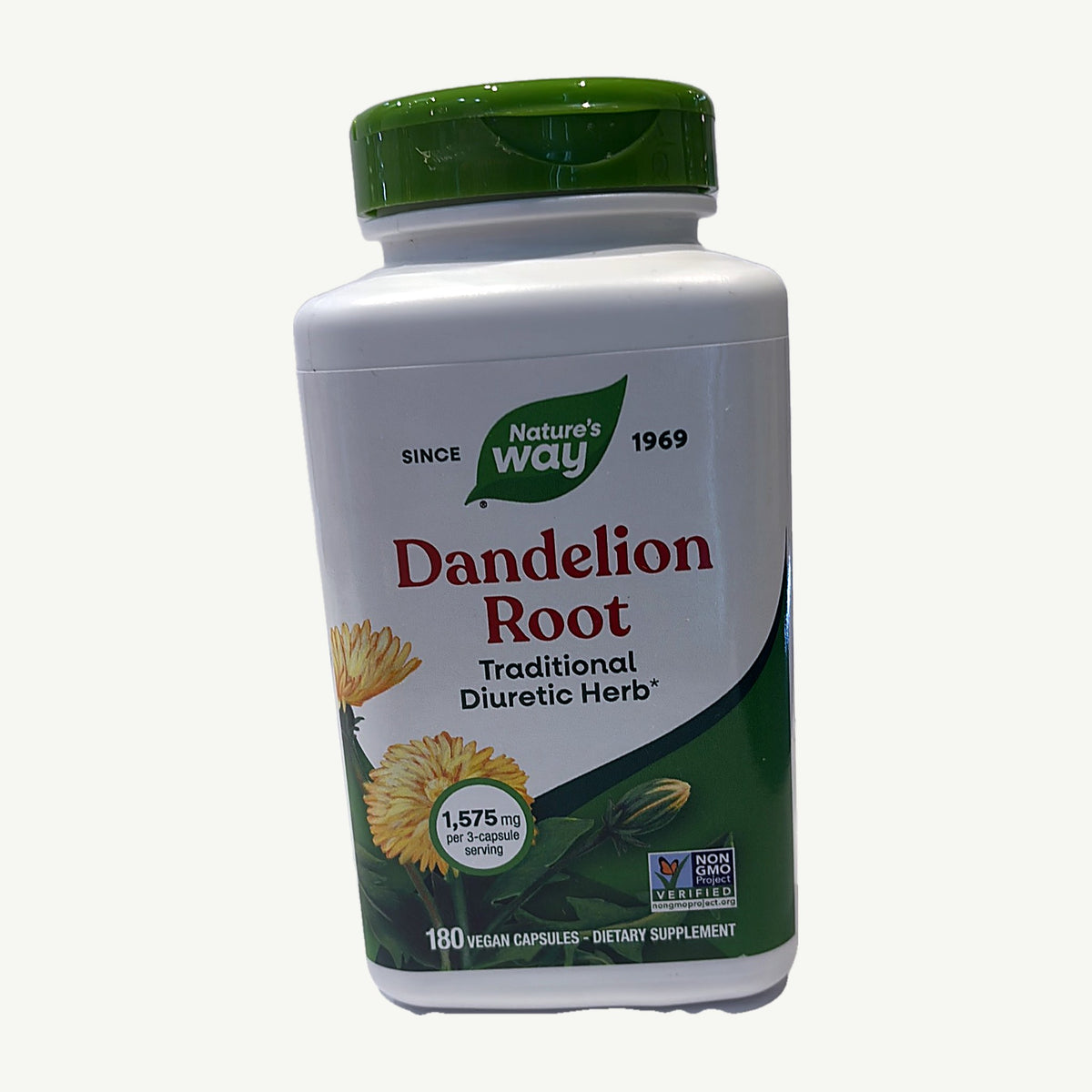 Nature's Way Dandelion Root bottle, Traditional Diuretic Herb*, 1,575 mg per 3-capsule serving, 180 vegan capsules