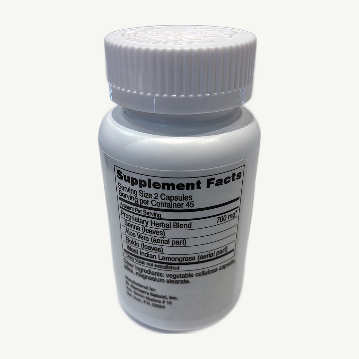 Supplement Facts de Detoxiplex: Proprietary Herbal Blend 700 mg con senna, aloe vera, boldo y West Indian lemongrass