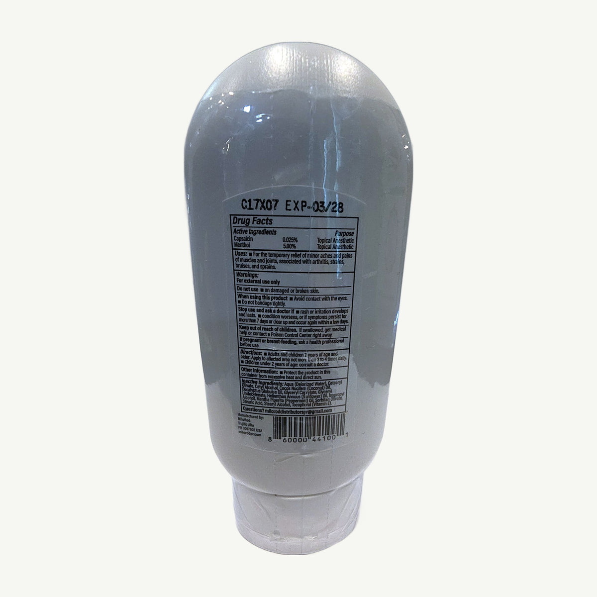 Back of MiloRod Ultra Muscle Rub tube: Drug Facts panel with uses, warnings, directions and ingredients