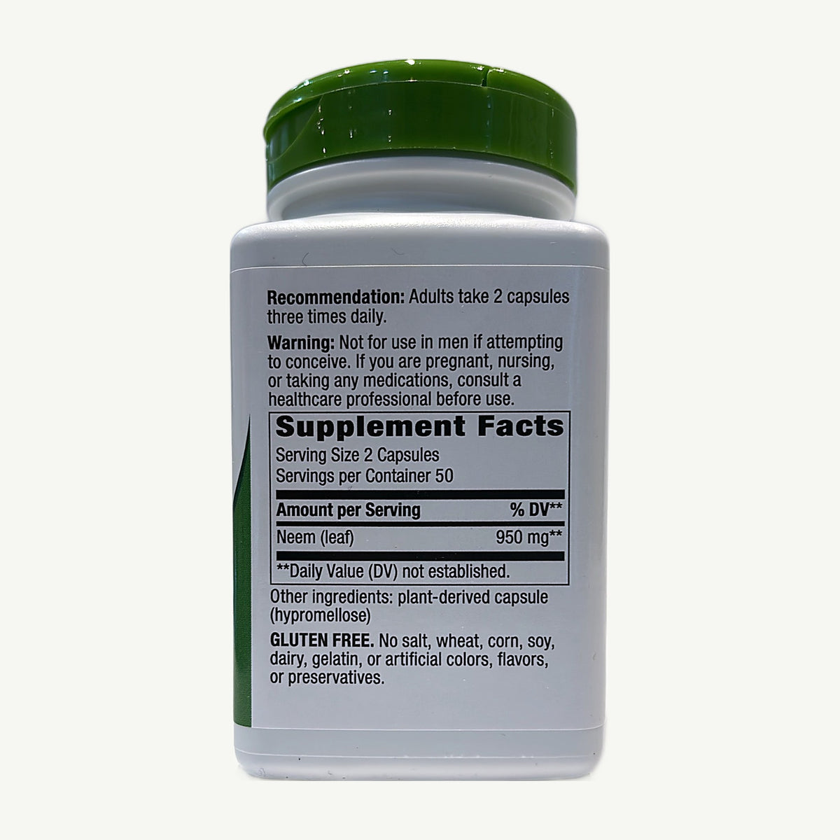 Neem Leaf bottle: Recommendation 2 capsules three times daily, Warning, Supplement Facts 950 mg, Gluten free