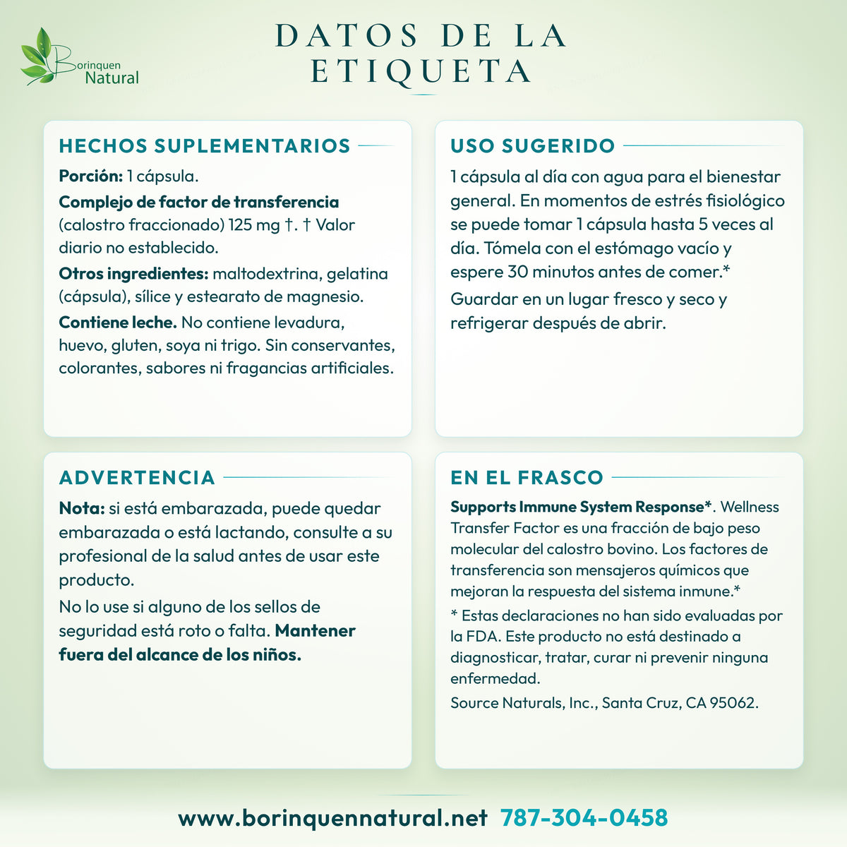 Datos de la etiqueta del Wellness Transfer Factor de Source Naturals: hechos suplementarios, uso y advertencias