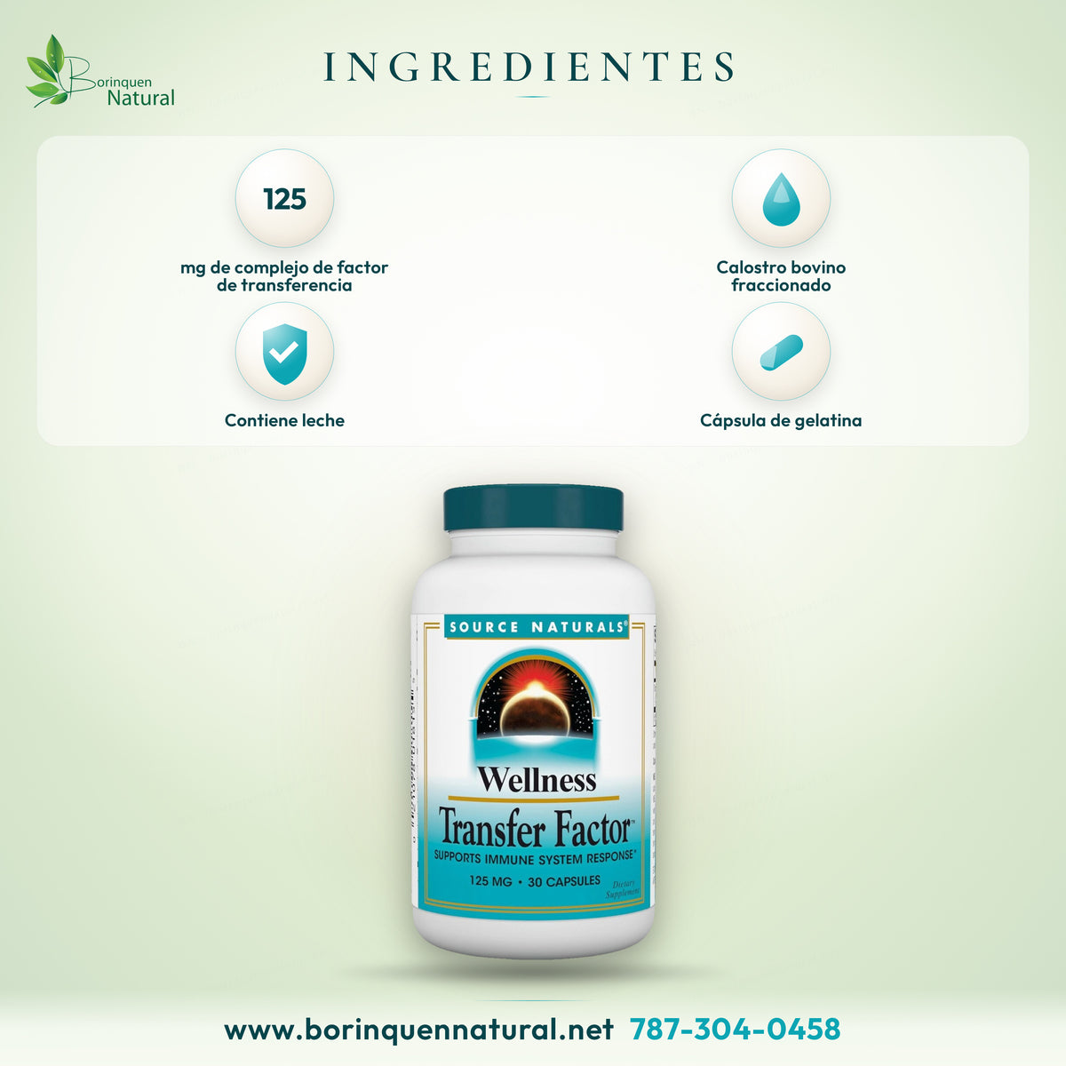 Ingredientes del Wellness Transfer Factor: 125 mg de complejo de factor de transferencia (calostro); contiene leche