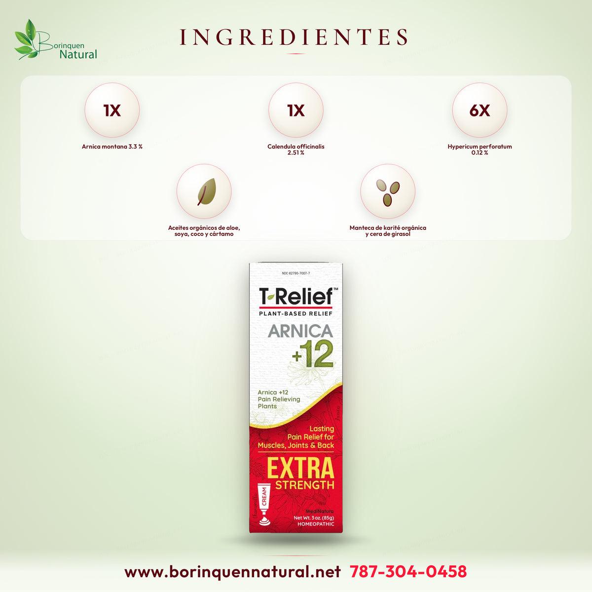 Ingredientes activos de la crema T-Relief: Arnica montana 1X, 3X y 10X con caléndula, equinácea, hipérico y 9 plantas más