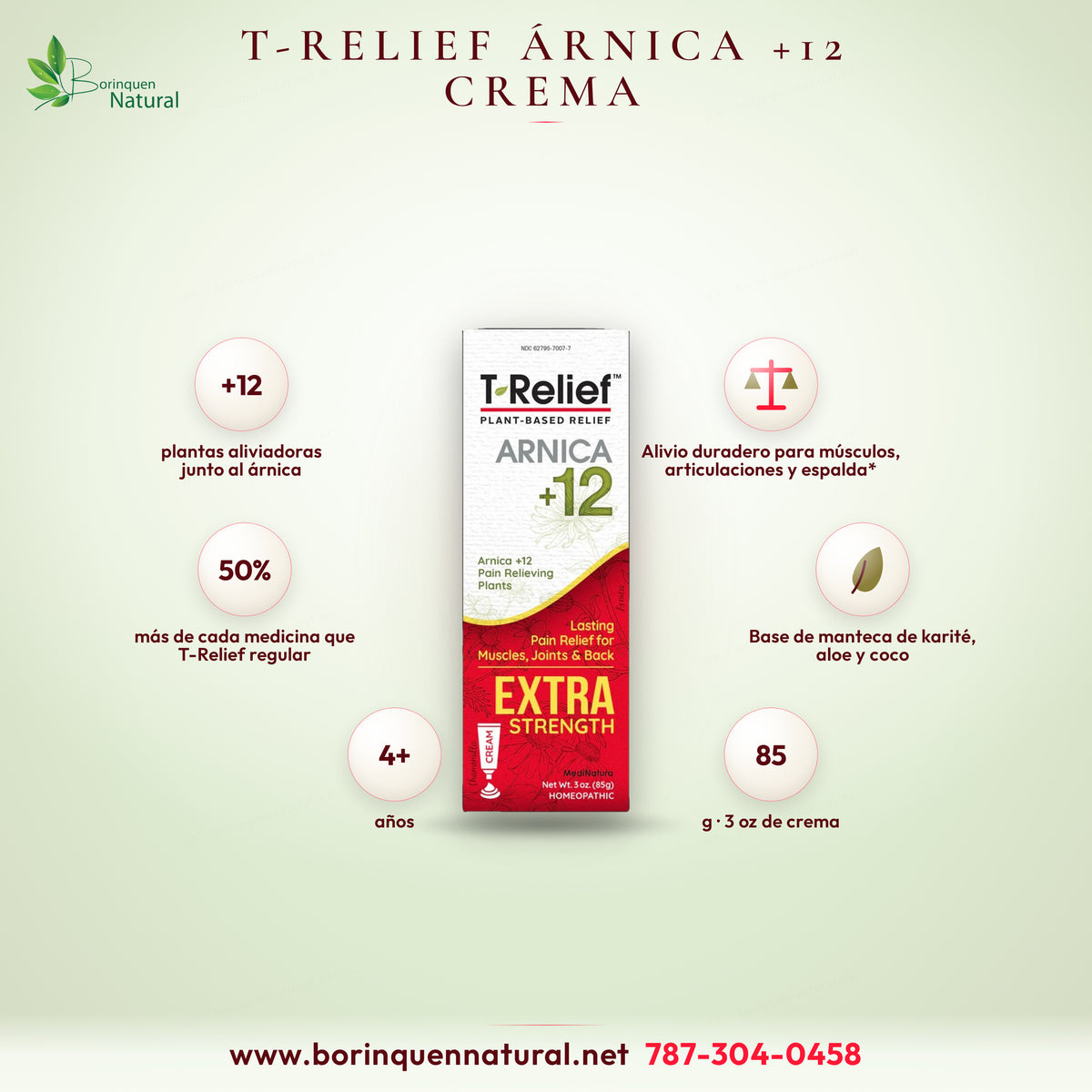 Crema T-Relief Extra Strength Arnica +12 de MediNatura, homeopática para músculos, articulaciones y espalda, 3 oz