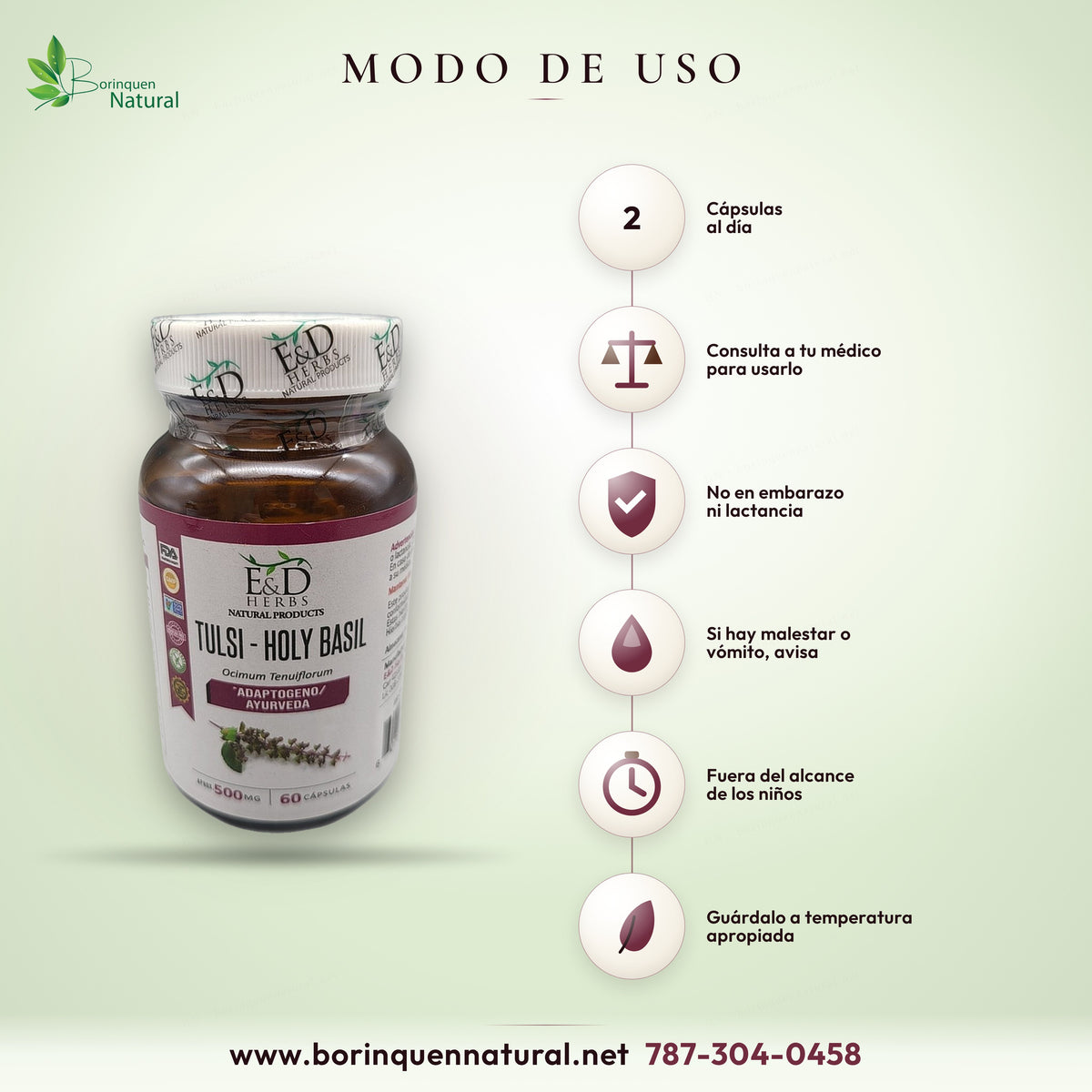 Modo de uso del Tulsi E&D Herbs: dos cápsulas al día