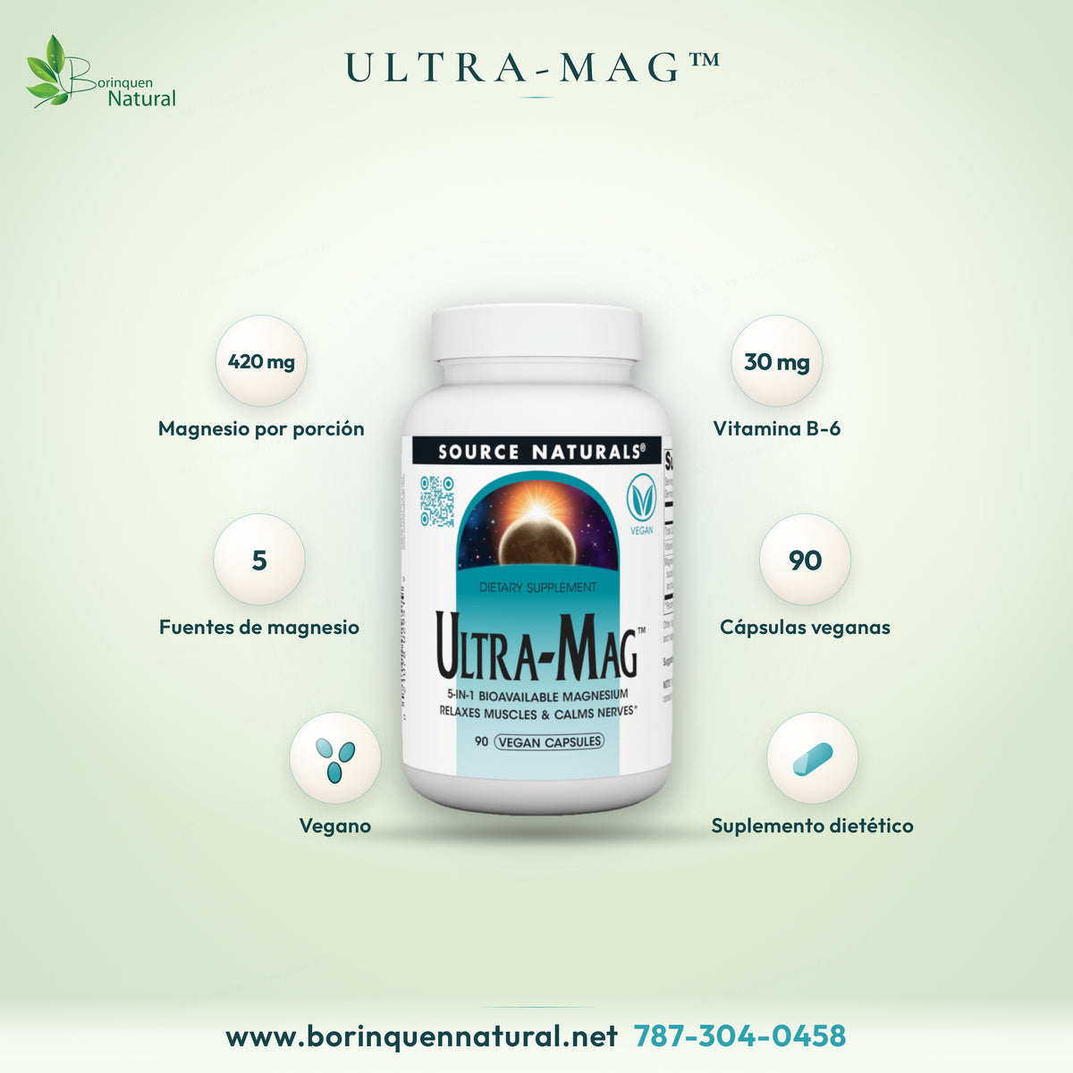 Ultra-Mag de Source Naturals, magnesio biodisponible 5 en 1 con vitamina B-6, frasco de 90 cápsulas veganas