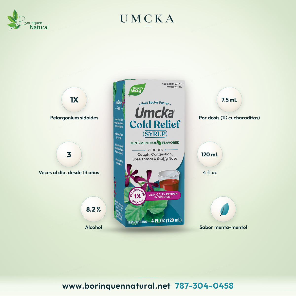 Umcka Cold Relief Syrup de Nature's Way, jarabe homeopático sabor menta-mentol con Pelargonium sidoides 1X, caja de 120 mL