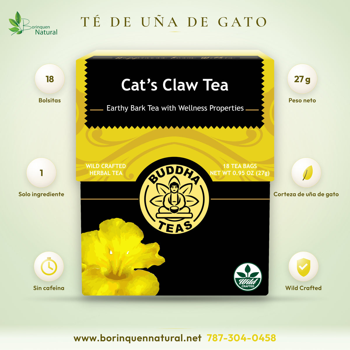 Buddha Teas cat's claw tea, box of 18 tea bags with 27 grams of wild crafted cat's claw bark, caffeine free, one ingredient