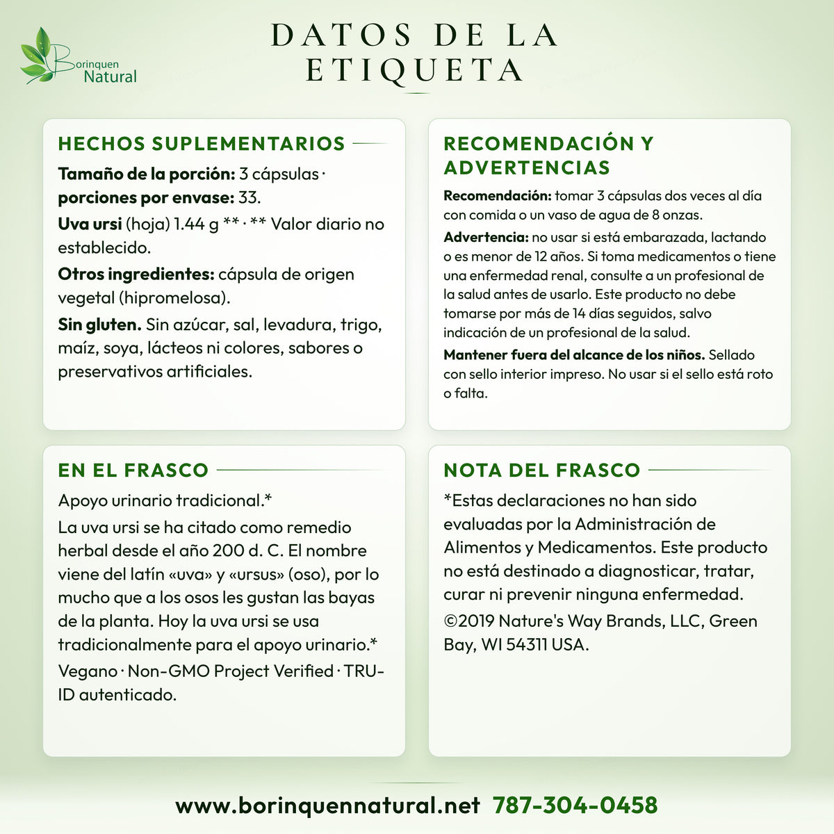 Nature's Way Uva Ursi label facts: supplement facts, recommendation and warnings