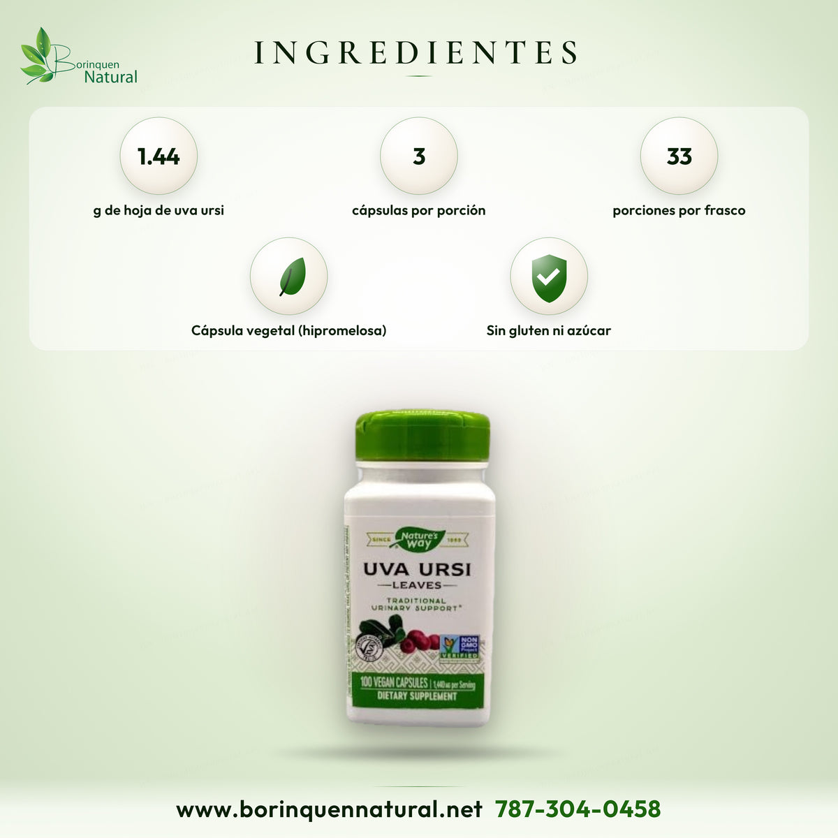 Nature's Way Uva Ursi ingredients: 1.44 g of leaf, 3 capsules per serving, 33 servings, plant capsule