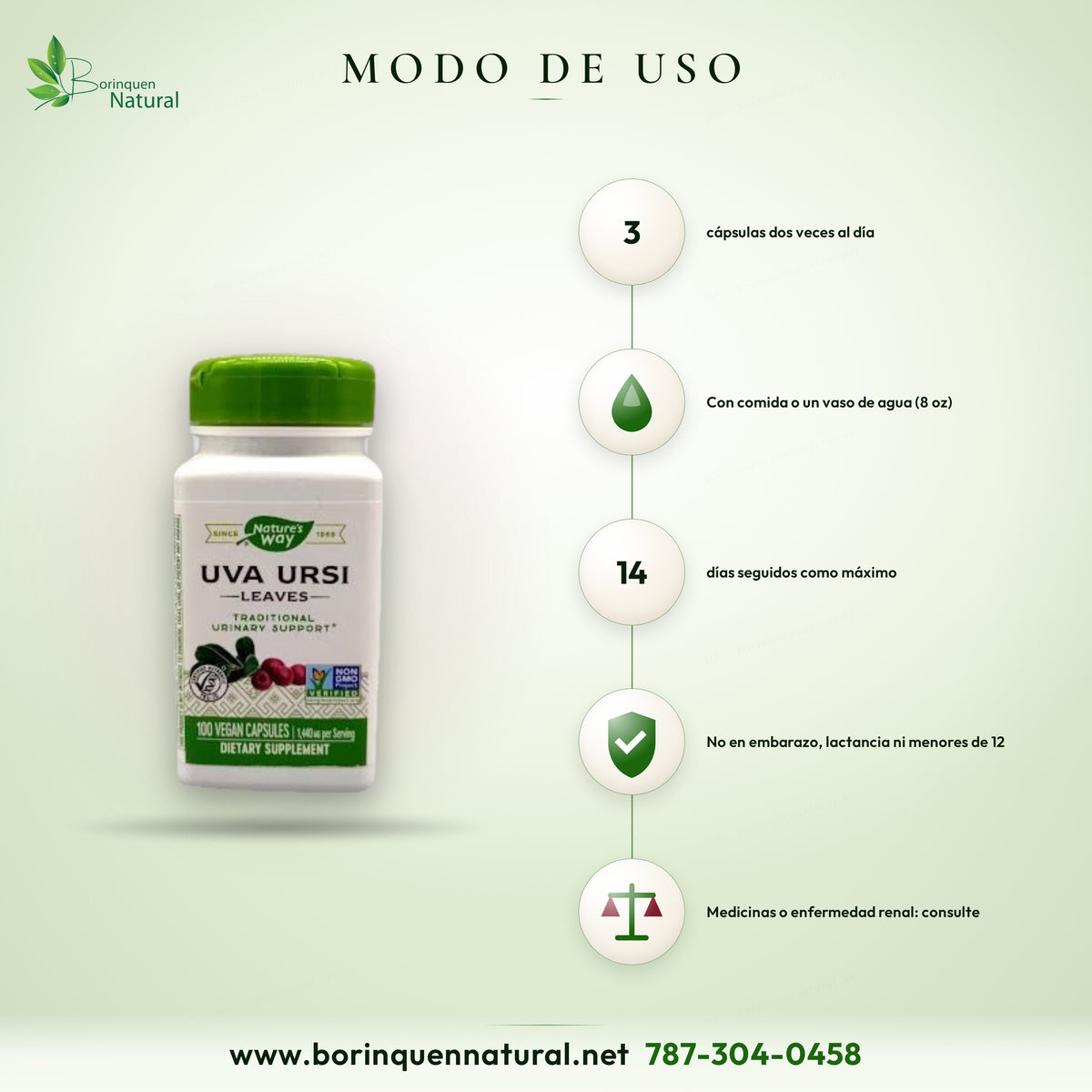 Nature's Way Uva Ursi directions: 3 capsules twice daily, with food or water, 14 days in a row at most