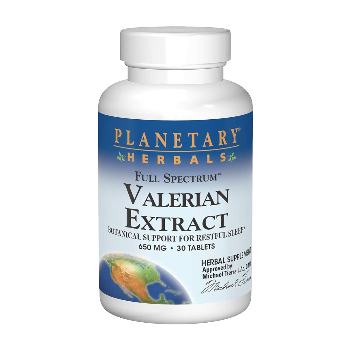 Frasco de Valerian Extract Full Spectrum de Planetary Herbals, 650 mg, 30 tabletas, suplemento herbal, vista de frente