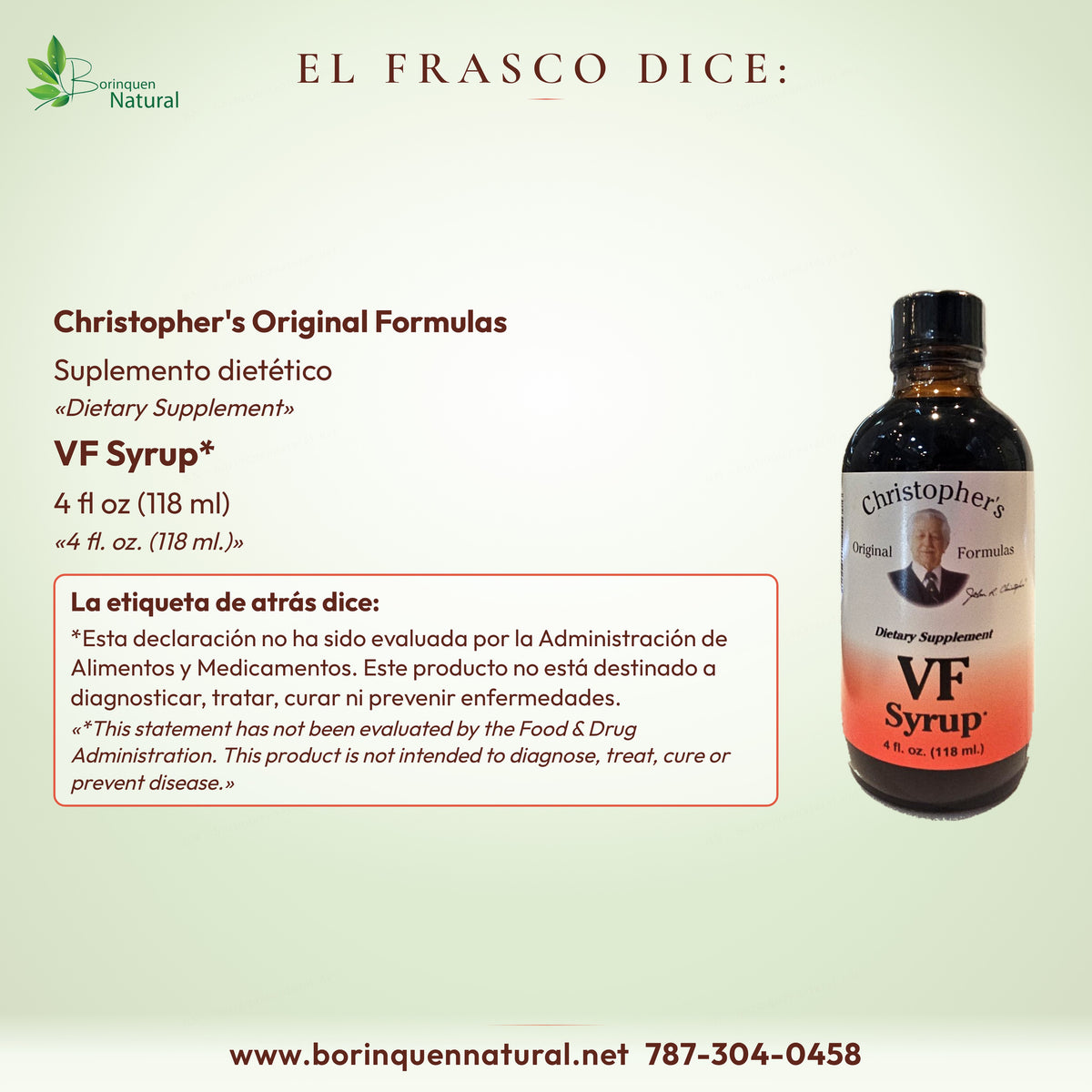 El frasco de VF Syrup de Christopher's Original Formulas dice: suplemento dietético, 4 fl oz (118 ml)