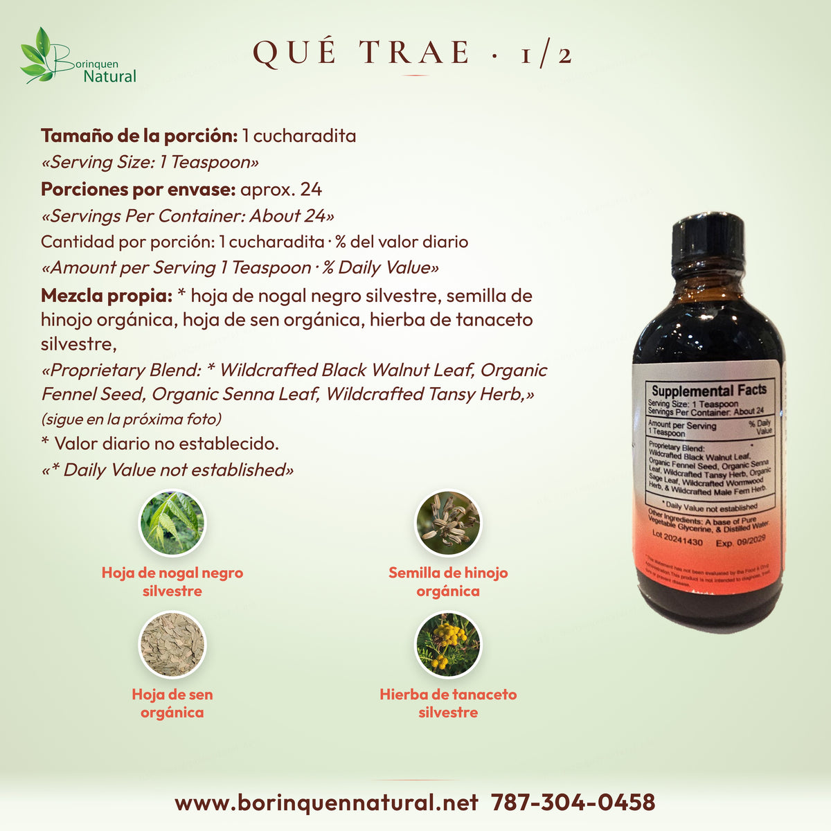 Qué trae VF Syrup 1/2: mezcla propia con hoja de nogal negro, semilla de hinojo, hoja de sen y hierba de tanaceto
