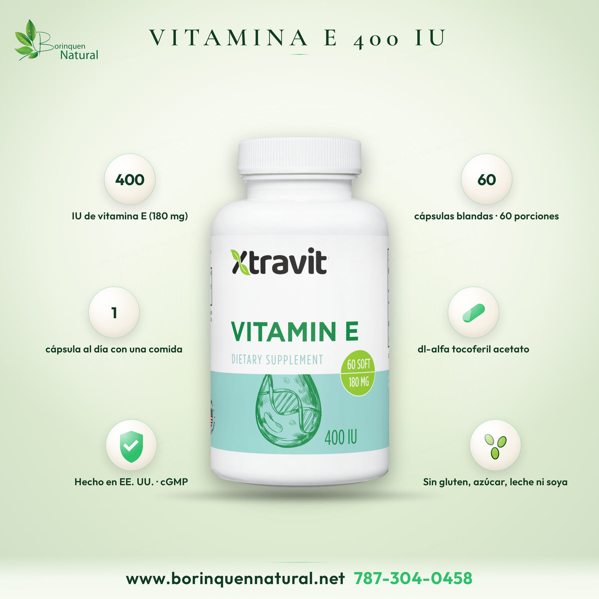 Xtravit Vitamin E 400 IU, 180 mg dl-alpha tocopheryl acetate per softgel, bottle of 60 softgels